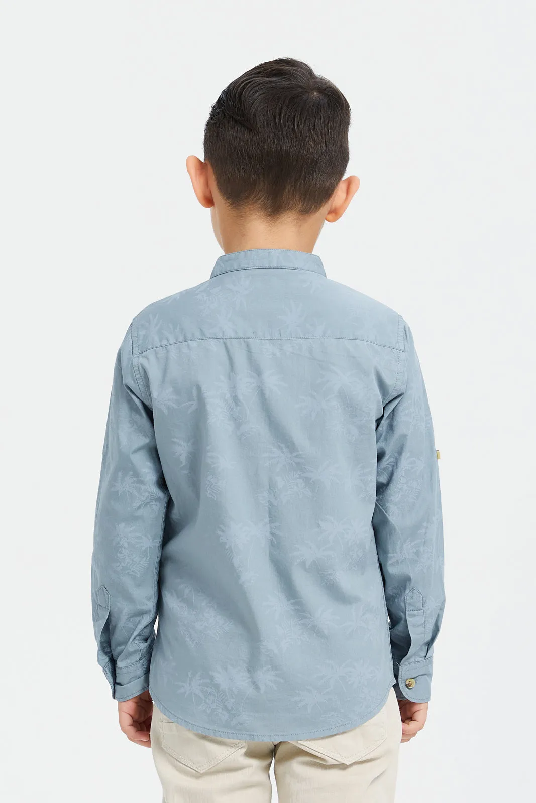 Boys Blue Printed Mandarin Shirt