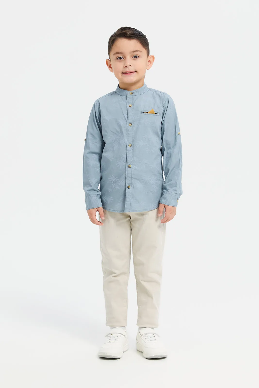 Boys Blue Printed Mandarin Shirt