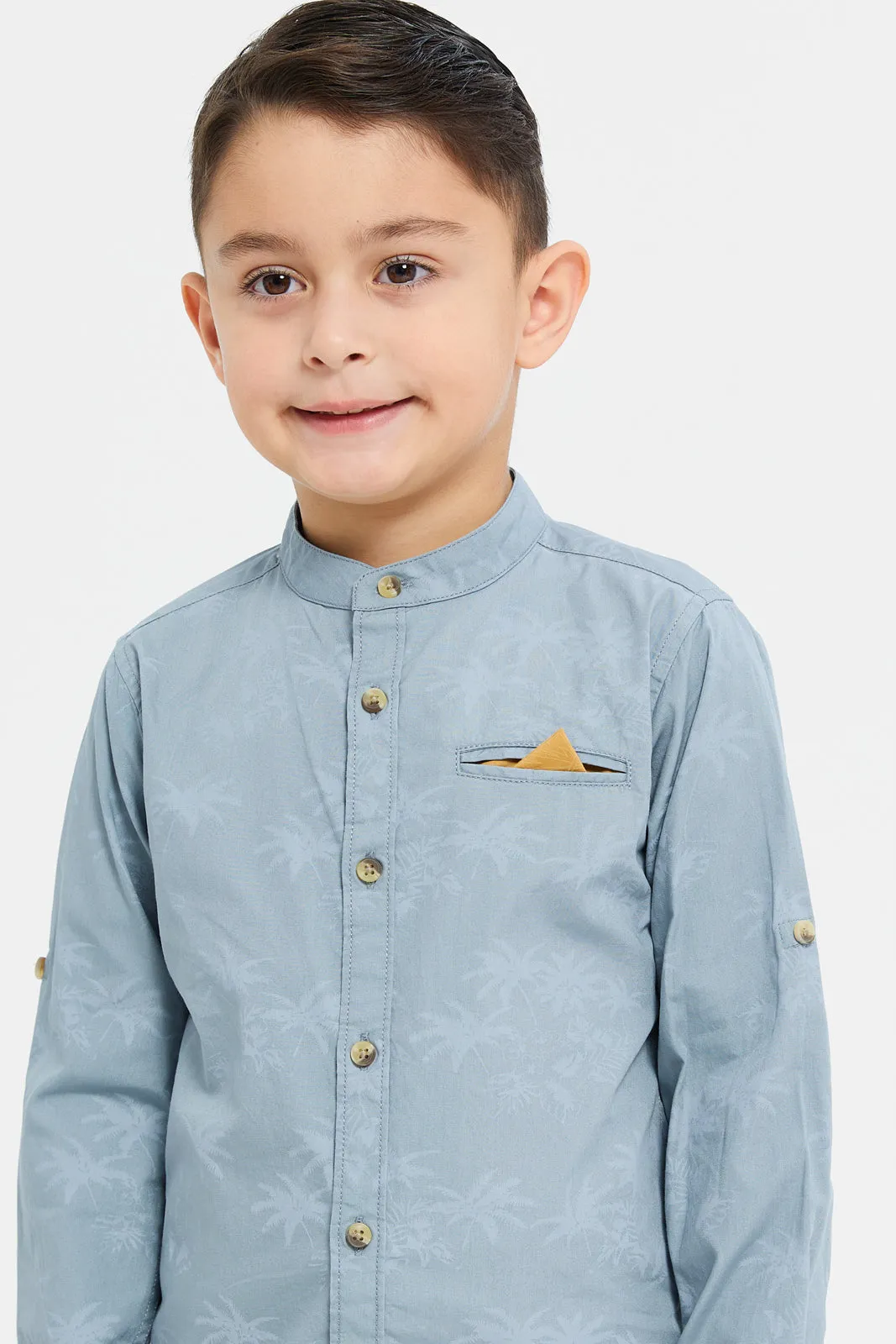 Boys Blue Printed Mandarin Shirt