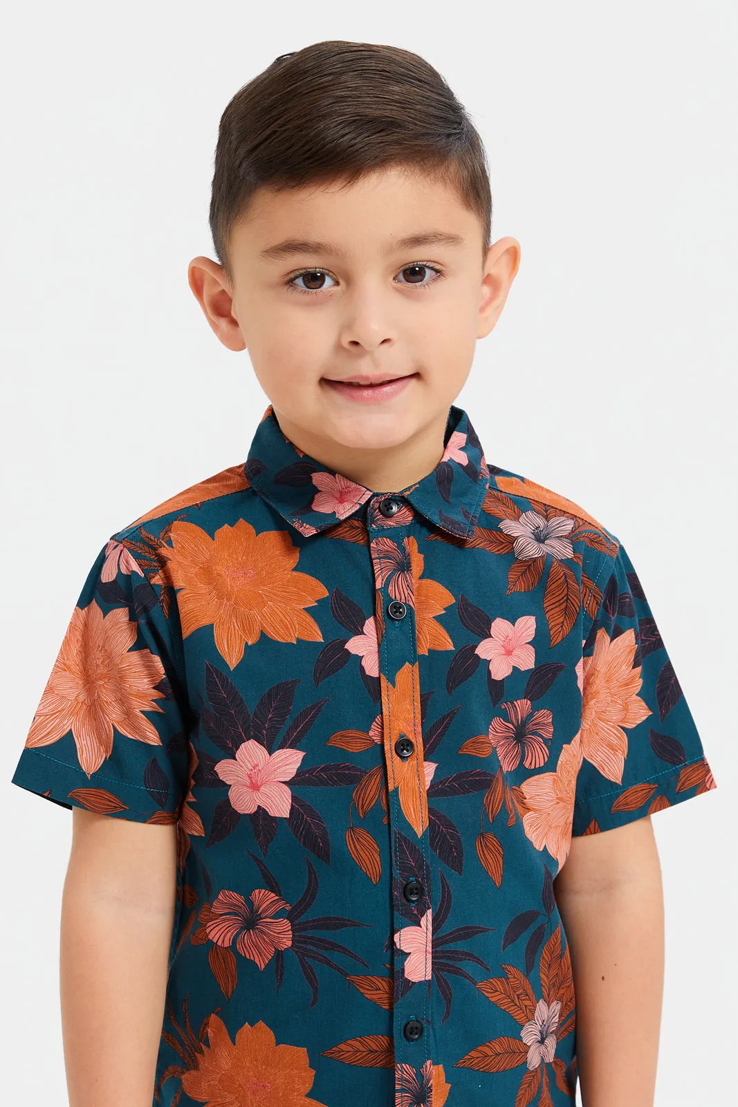 Boys Navy Floral Print Shirt