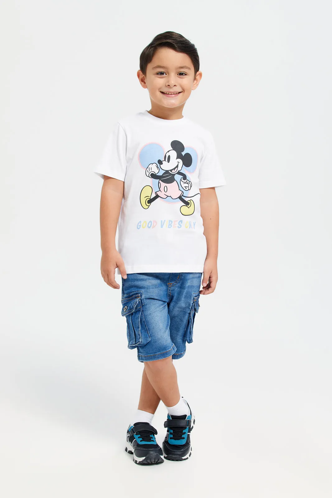 Boys White And Blue Mickey Mouse Print T-Shirt Set (Pack Of 2)