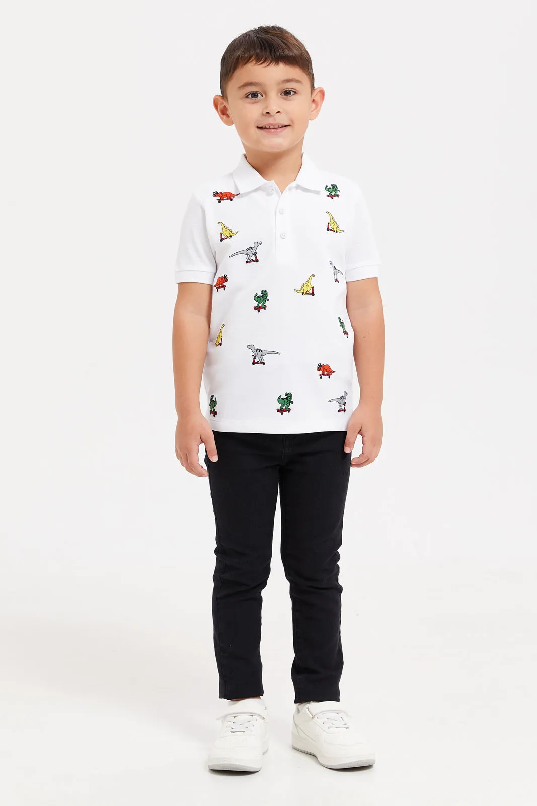 Boys White Embroidered Dino Polo Shirt