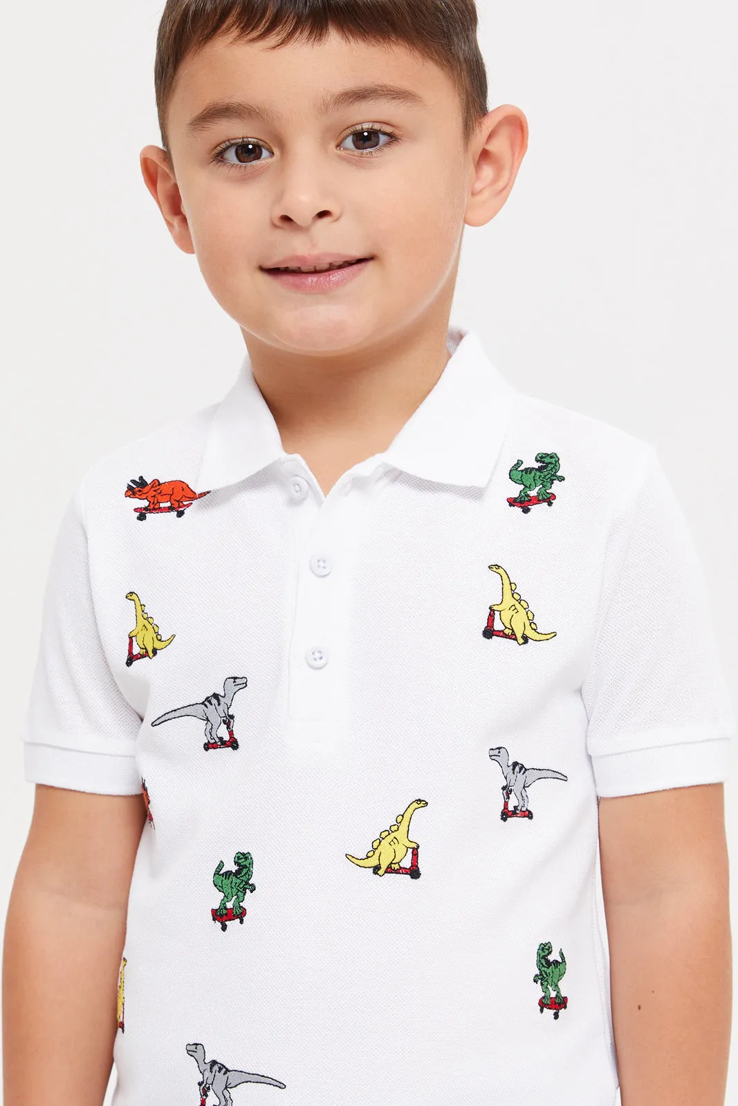 Boys White Embroidered Dino Polo Shirt