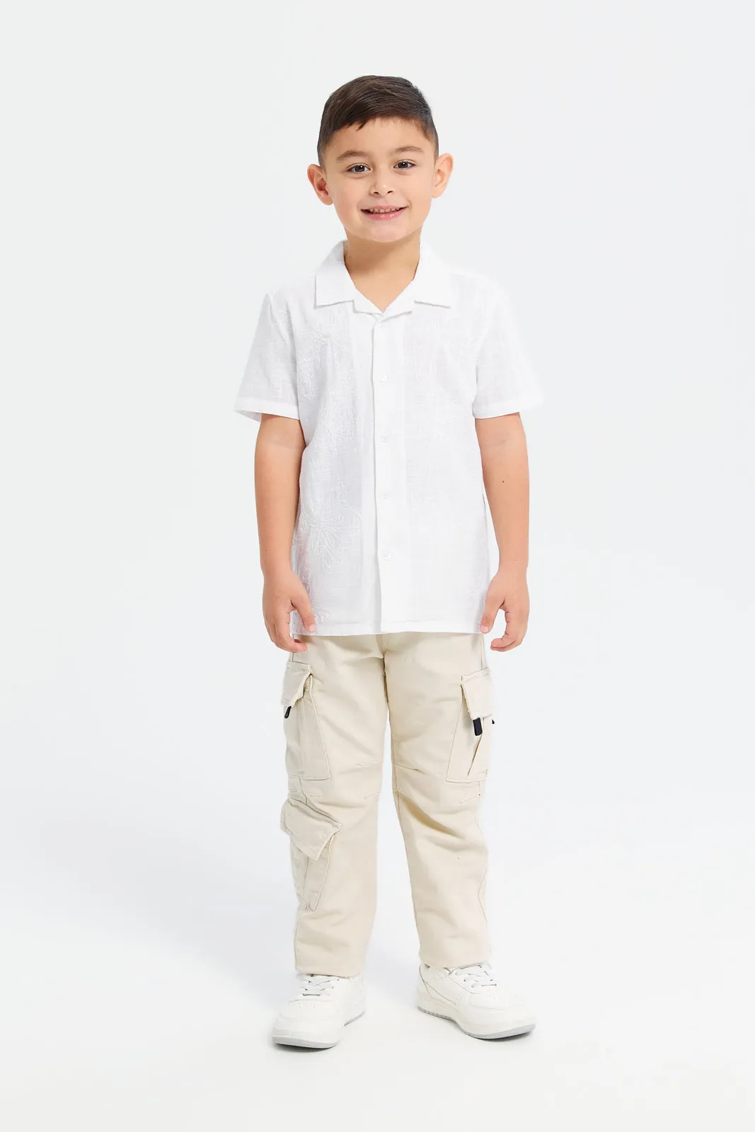 Boys White Front Embroidery Oversized Shirt