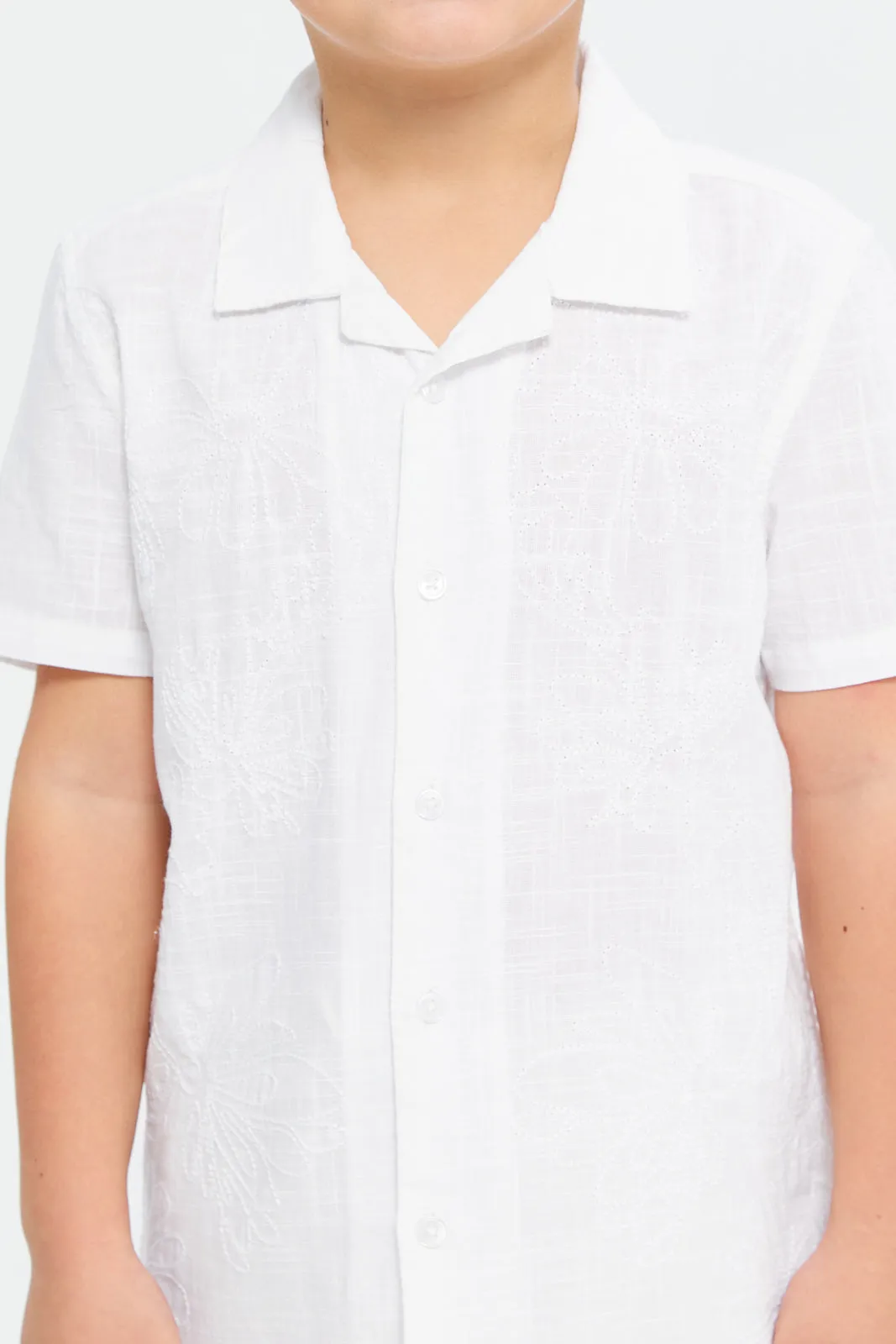 Boys White Front Embroidery Oversized Shirt