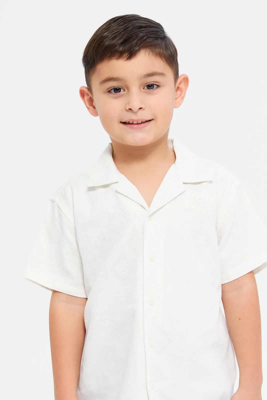 Boys White Short Sleeve Resort Jacquard Shirt