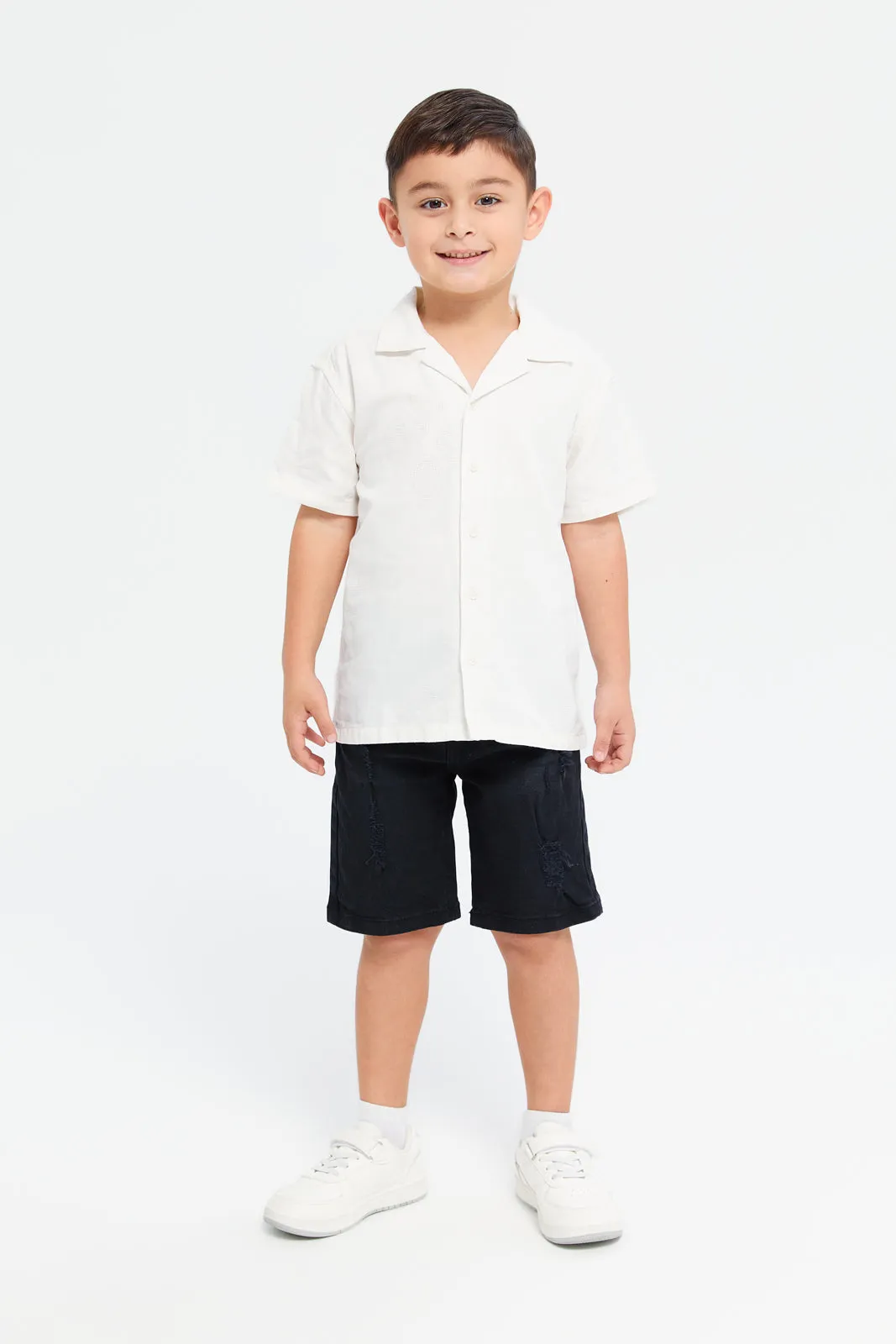 Boys White Short Sleeve Resort Jacquard Shirt