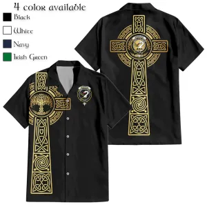 Brisbane Clan Mens Short Sleeve Button Up Shirt with Golden Celtic Tree Of Life