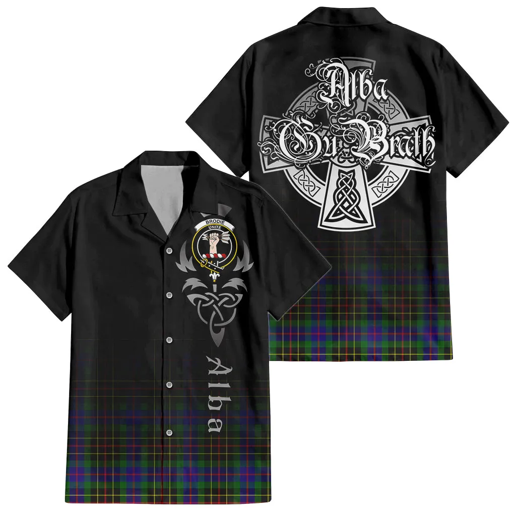 Brodie Hunting Modern Tartan Short Sleeve Button Up Shirt Featuring Alba Gu Brath Family Crest Celtic Inspired