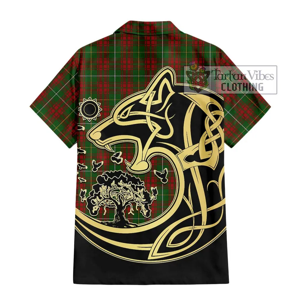 Bruce Hunting Tartan Short Sleeve Button Shirt with Family Crest Celtic Wolf Style