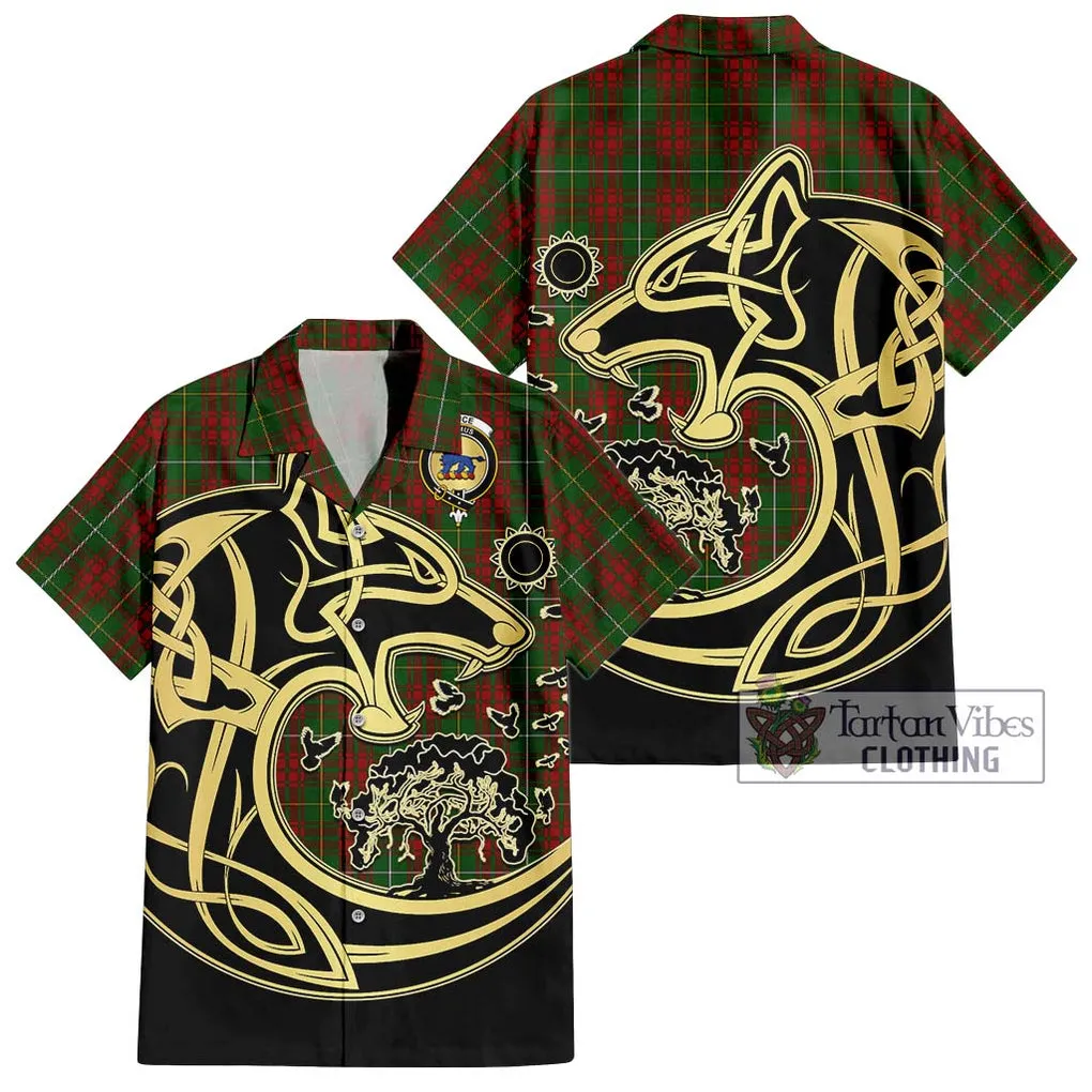 Bruce Hunting Tartan Short Sleeve Button Shirt with Family Crest Celtic Wolf Style