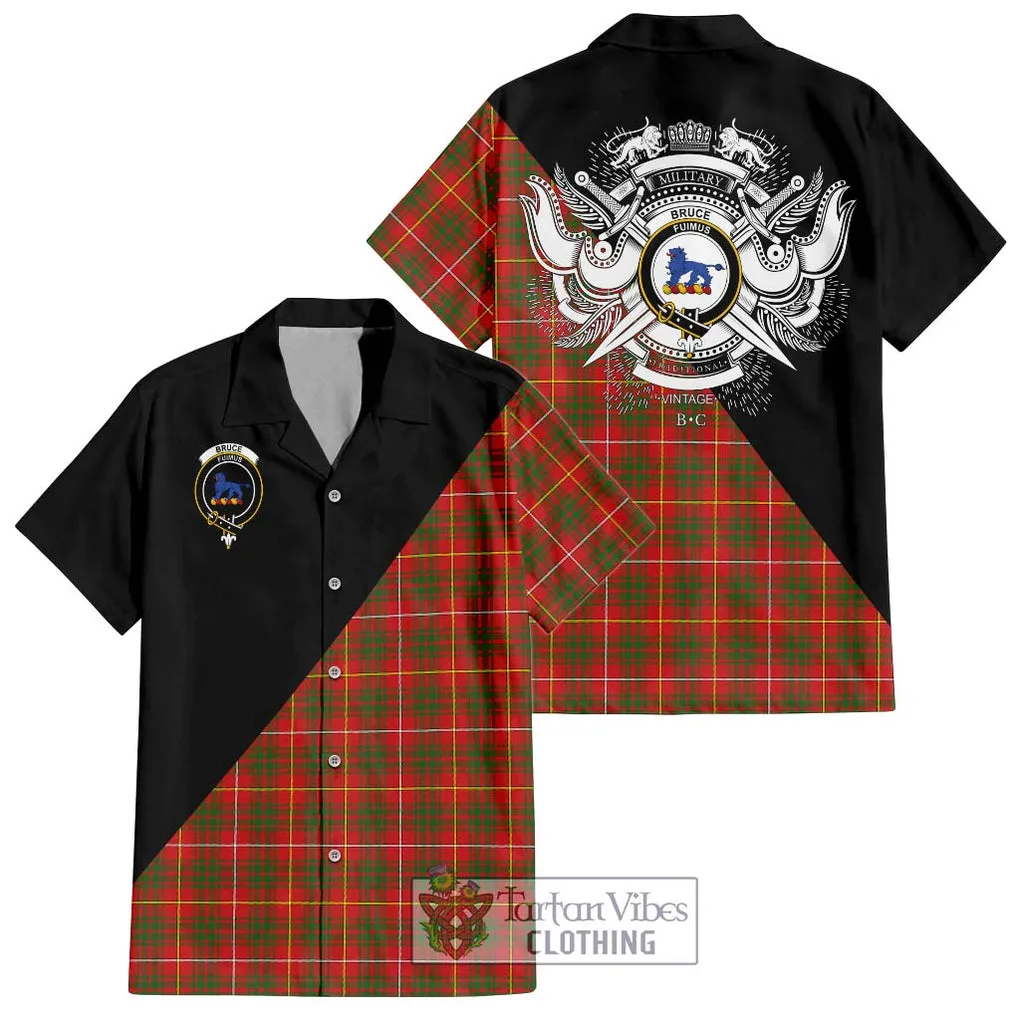 Bruce Modern Tartan Short Sleeve Button Shirt with Family Crest and Military Logo Style