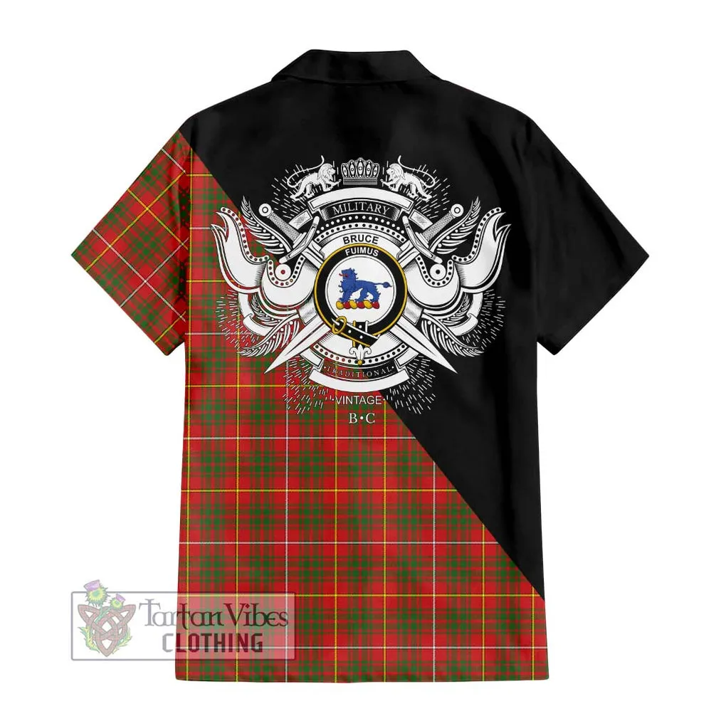 Bruce Modern Tartan Short Sleeve Button Shirt with Family Crest and Military Logo Style