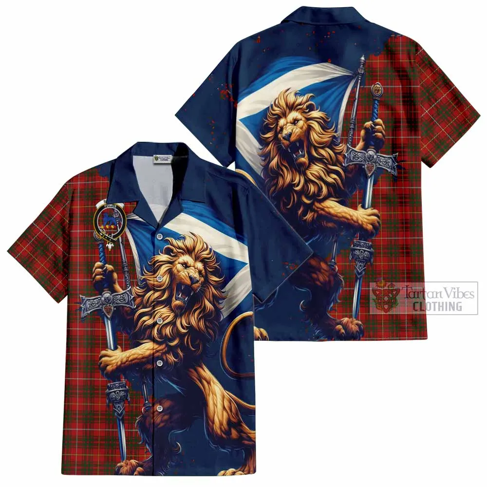 Bruce Tartan Family Crest Short Sleeve Button Shirt with Scottish Majestic Lion