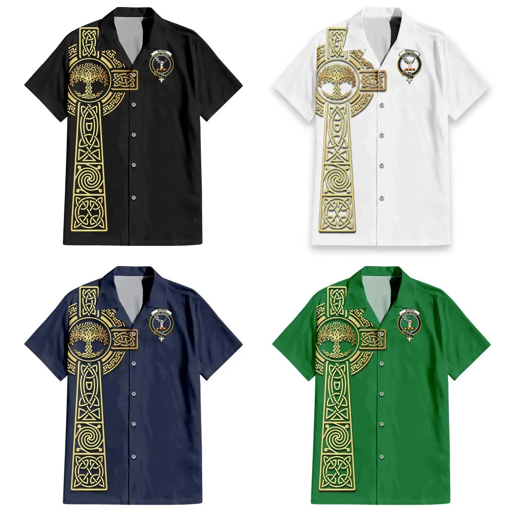 Burns Clan Mens Short Sleeve Button Up Shirt with Golden Celtic Tree Of Life