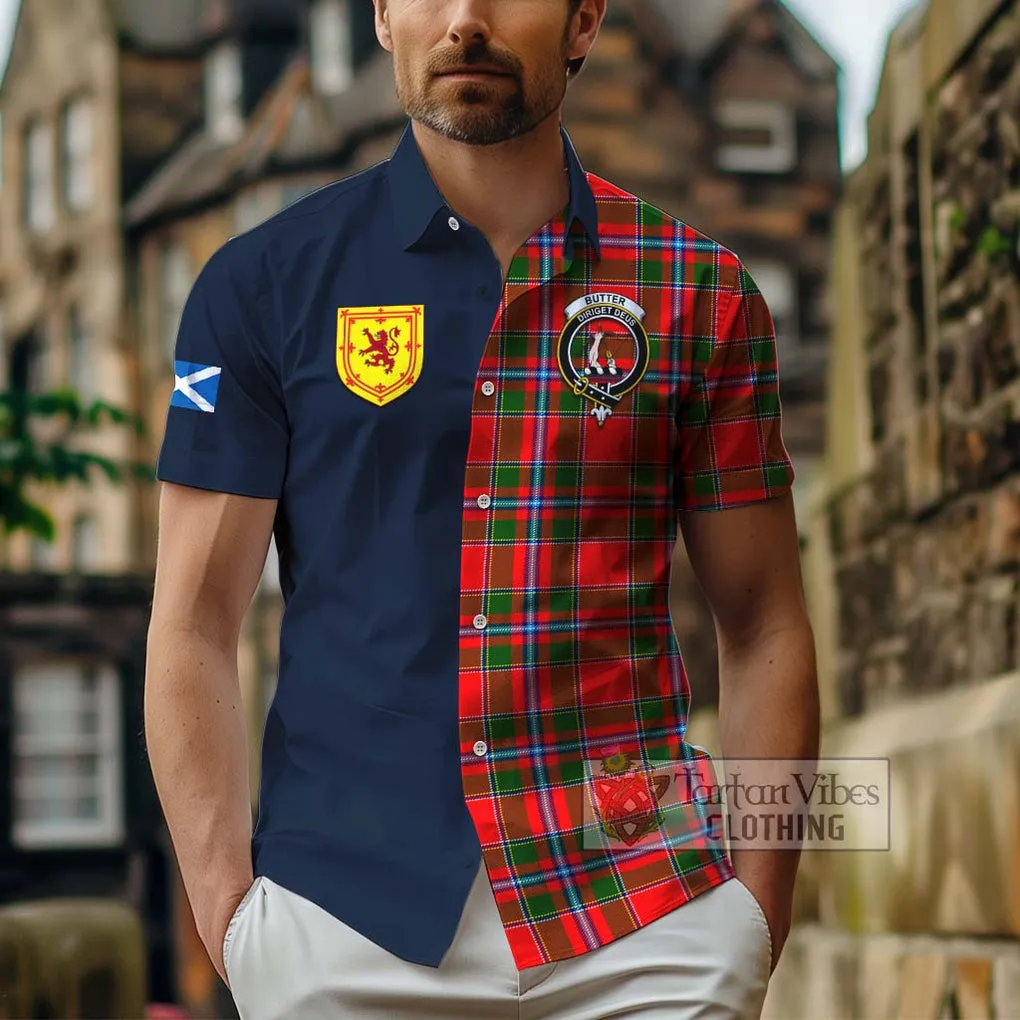 Butter Tartan Short Sleeve Button Shirt Alba with Scottish Lion Royal Arm Half Style