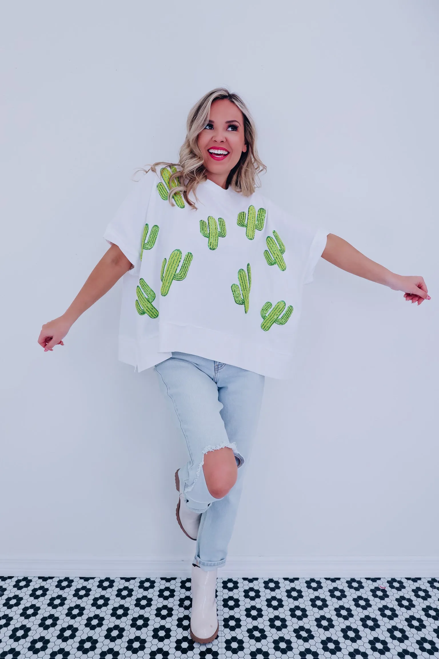 Cacti Sequin Embroidered Oversized Top - White