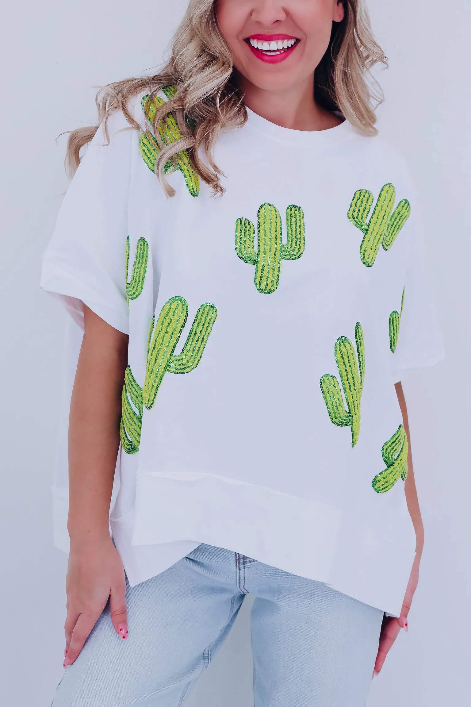 Cacti Sequin Embroidered Oversized Top - White