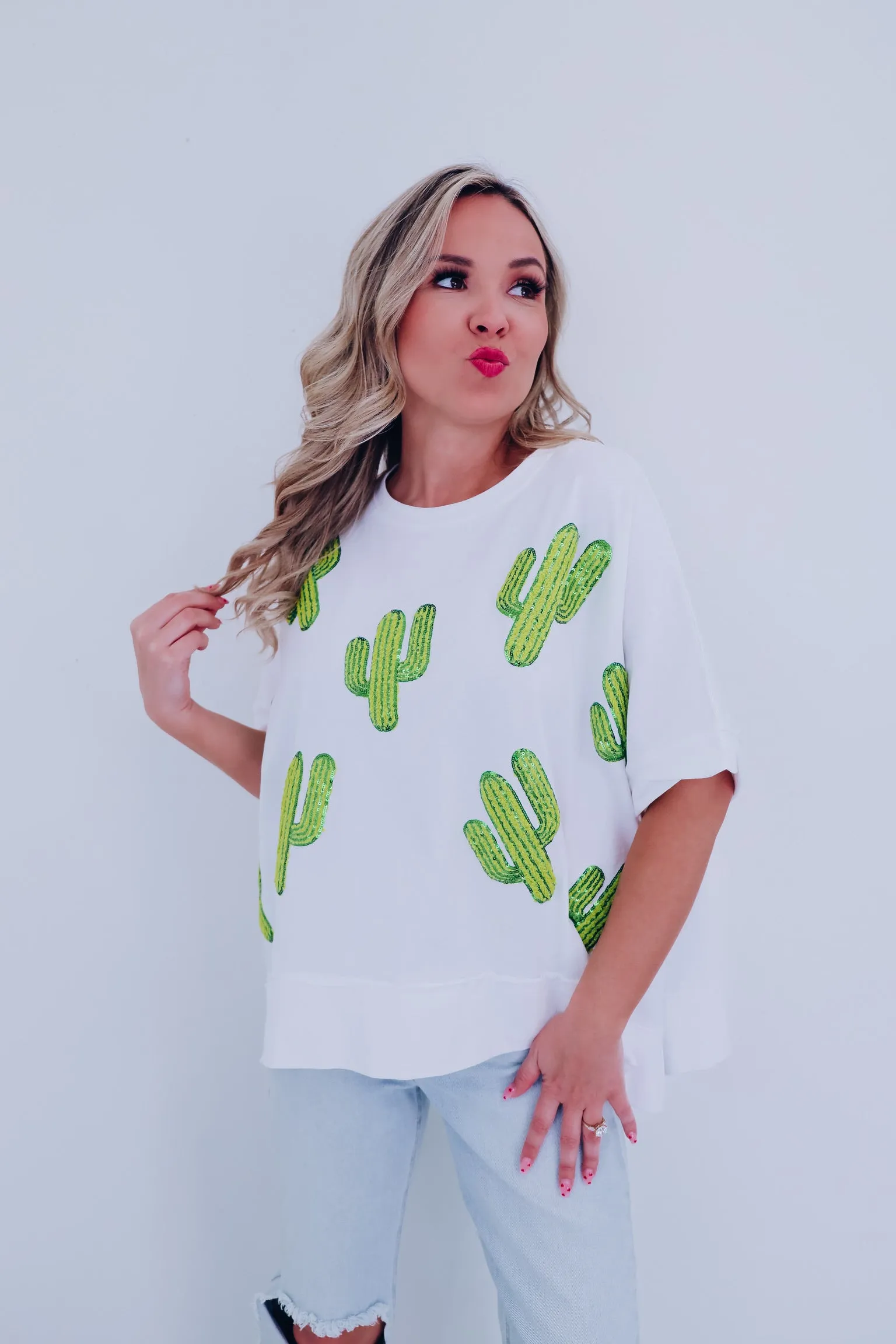 Cacti Sequin Embroidered Oversized Top - White