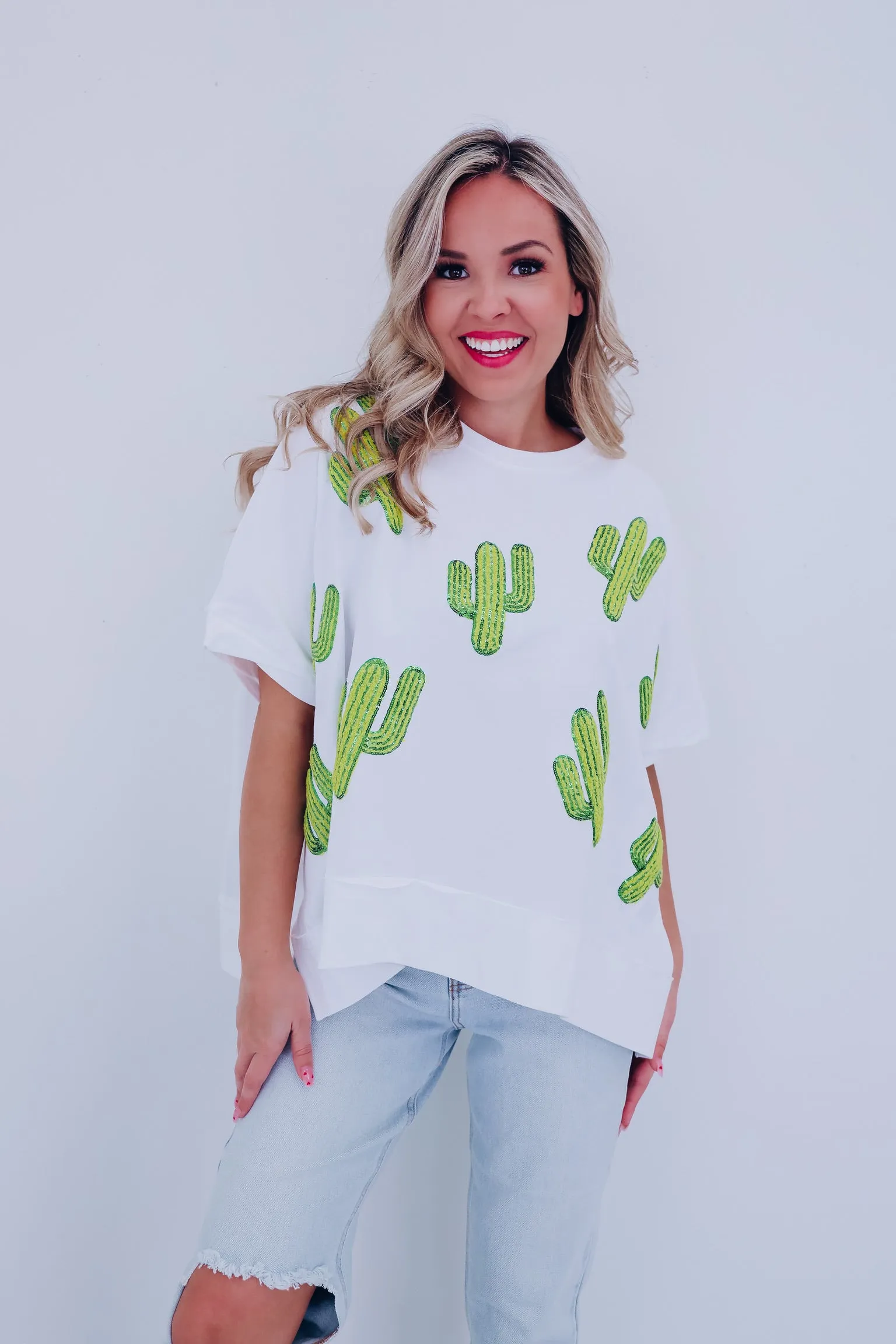 Cacti Sequin Embroidered Oversized Top - White