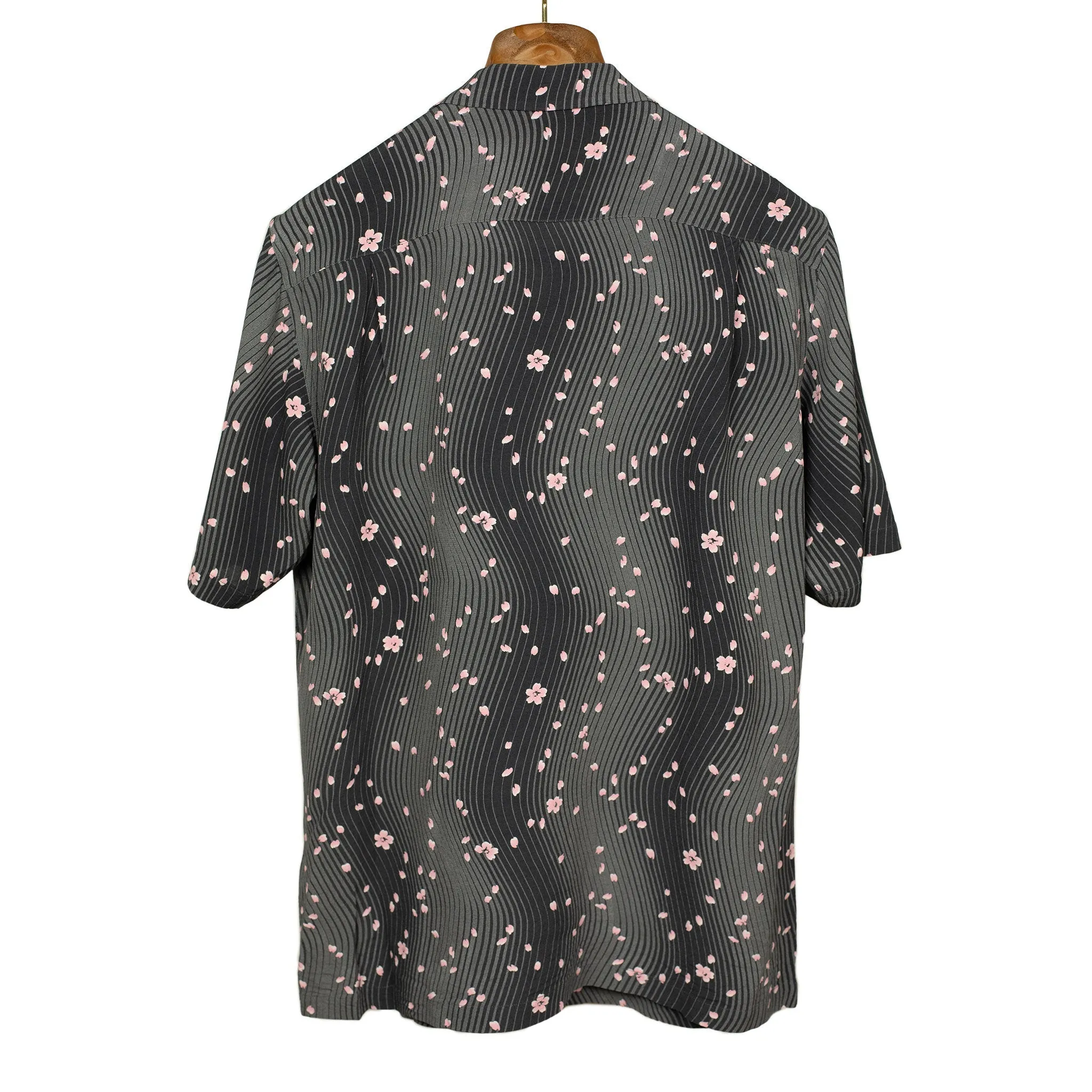 Camp collar shirt in Minamo Sakura printed grey rayon crepe