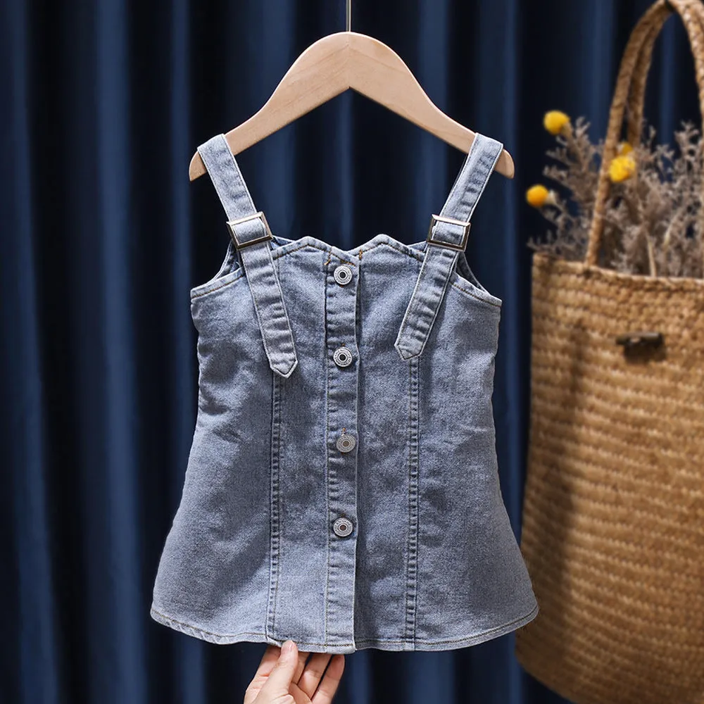 Children\'s Summer Denim Strap Skirt Baby Fashion Short Sleeve Two Piece Set