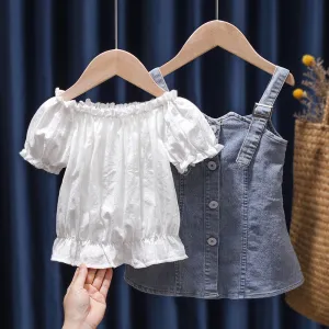 Children\'s Summer Denim Strap Skirt Baby Fashion Short Sleeve Two Piece Set