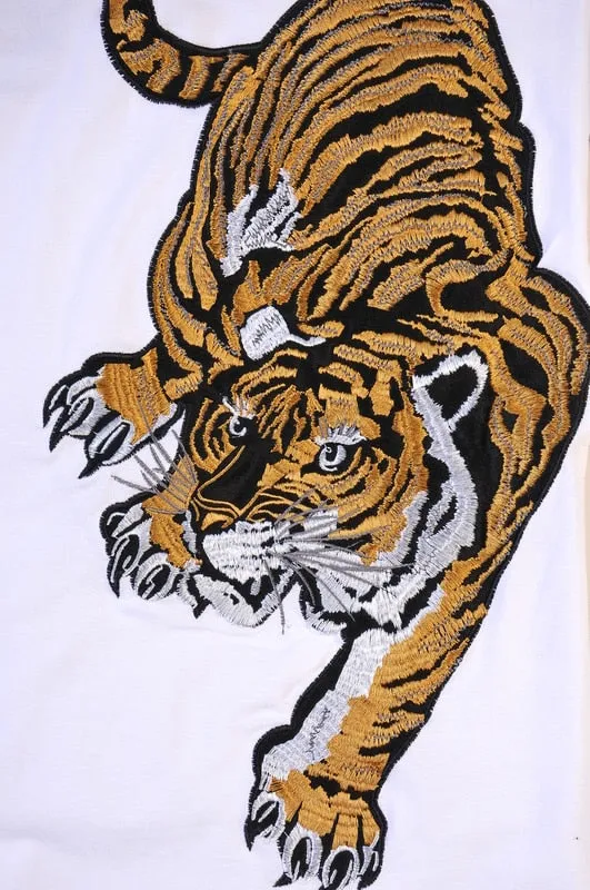 Chinese Style Embroidery Tiger T-shirt, Cotton, Round Neck, short sleeve, Black/White Shirts