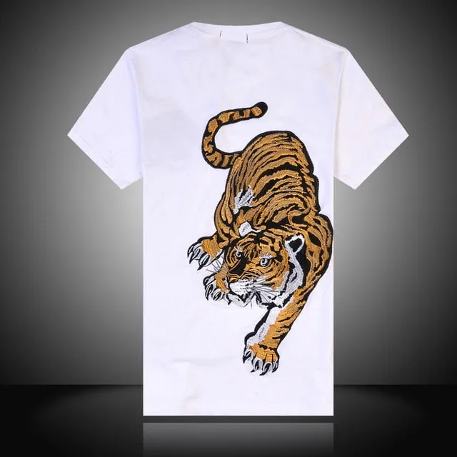 Chinese Style Embroidery Tiger T-shirt, Cotton, Round Neck, short sleeve, Black/White Shirts