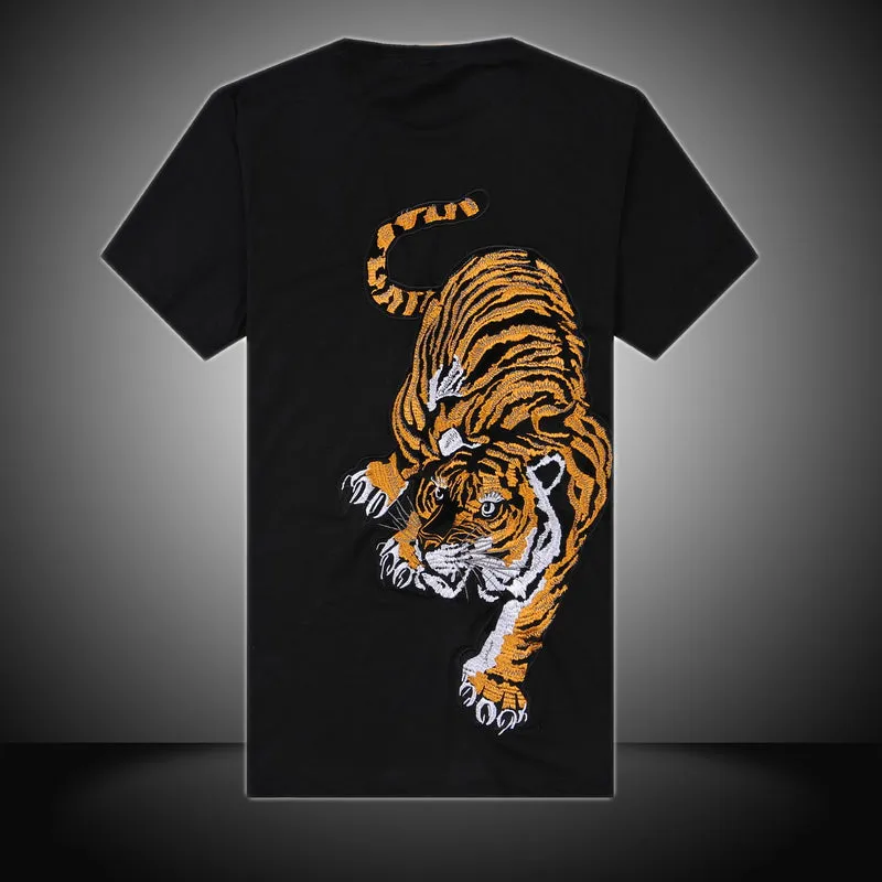 Chinese Style Embroidery Tiger T-shirt, Cotton, Round Neck, short sleeve, Black/White Shirts