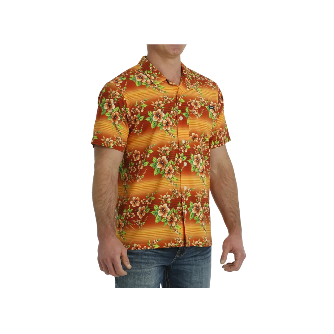 Cinch Men's Hawaiian Print Short Sleeve Camp Orange Shirt