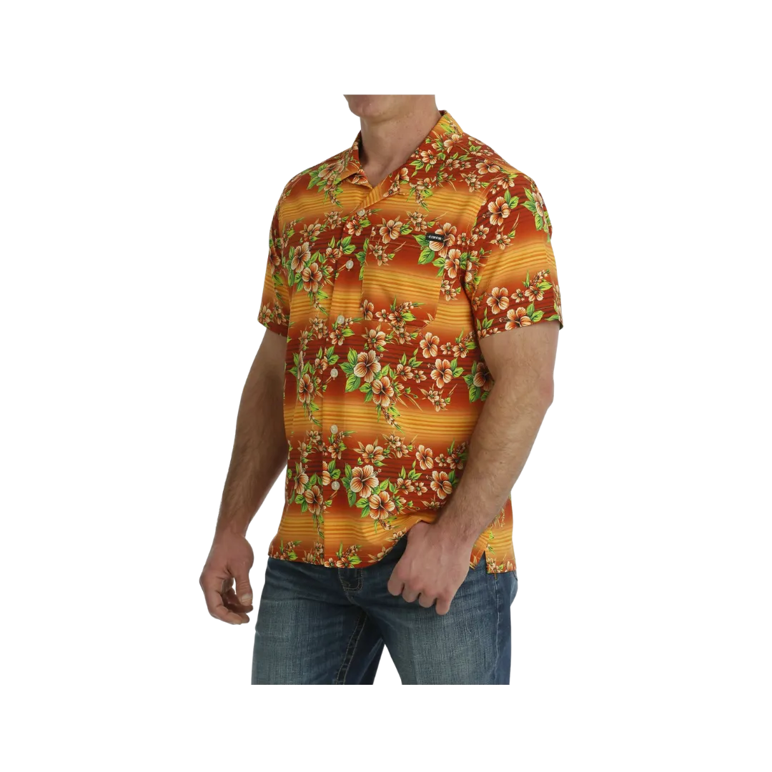 Cinch Men's Hawaiian Print Short Sleeve Camp Orange Shirt