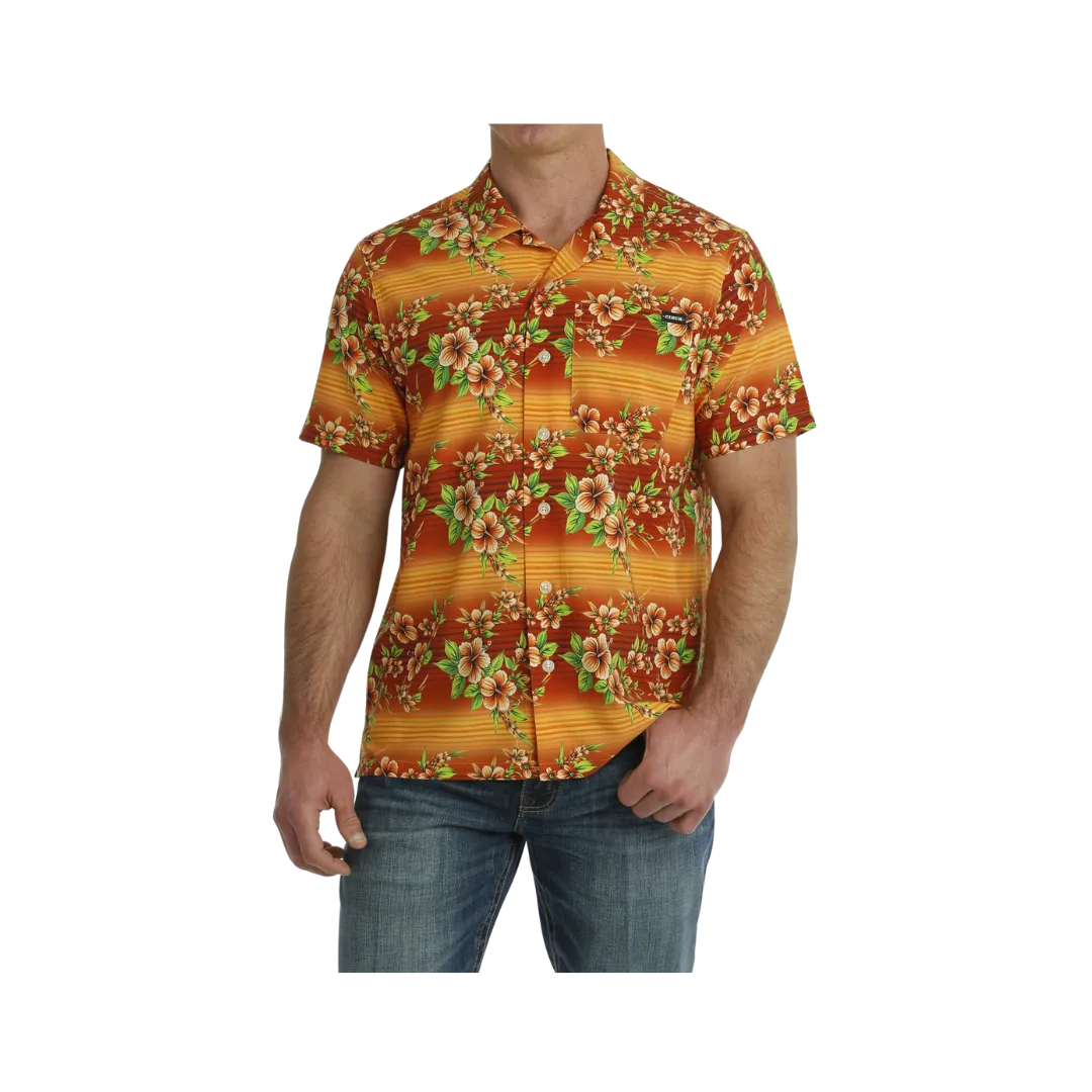 Cinch Men's Hawaiian Print Short Sleeve Camp Orange Shirt