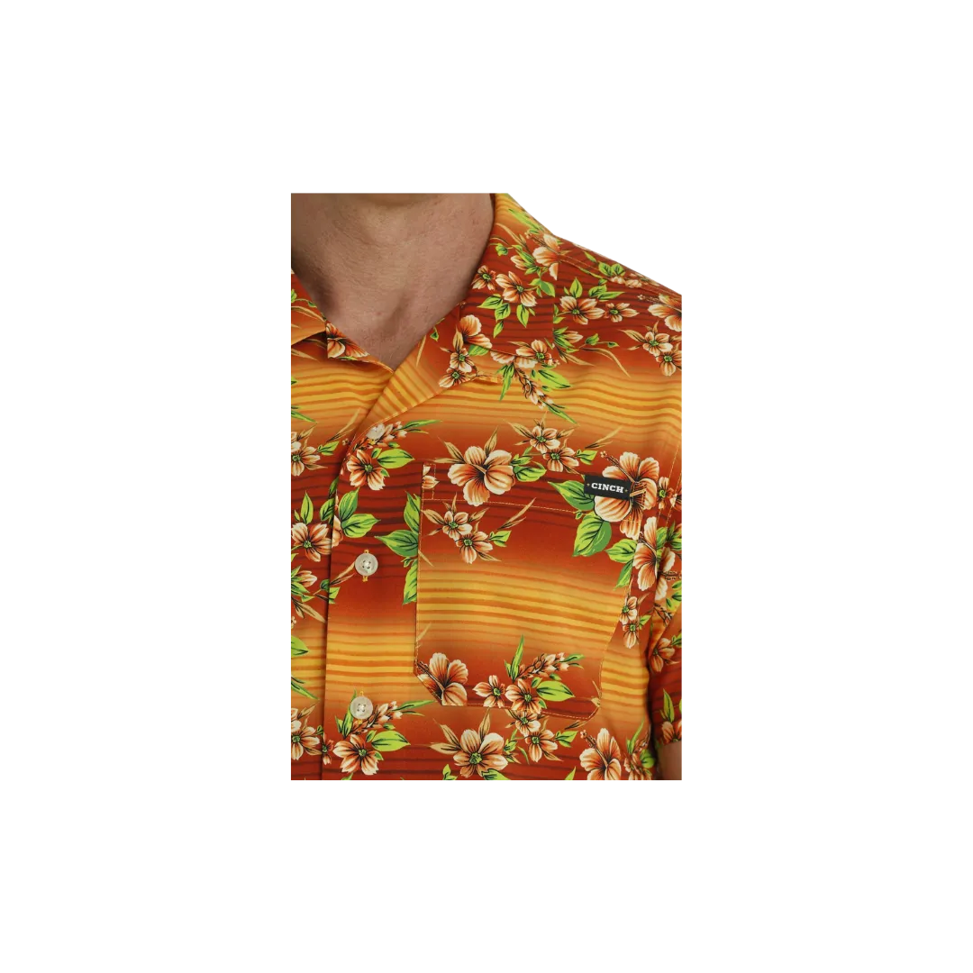 Cinch Men's Hawaiian Print Short Sleeve Camp Orange Shirt