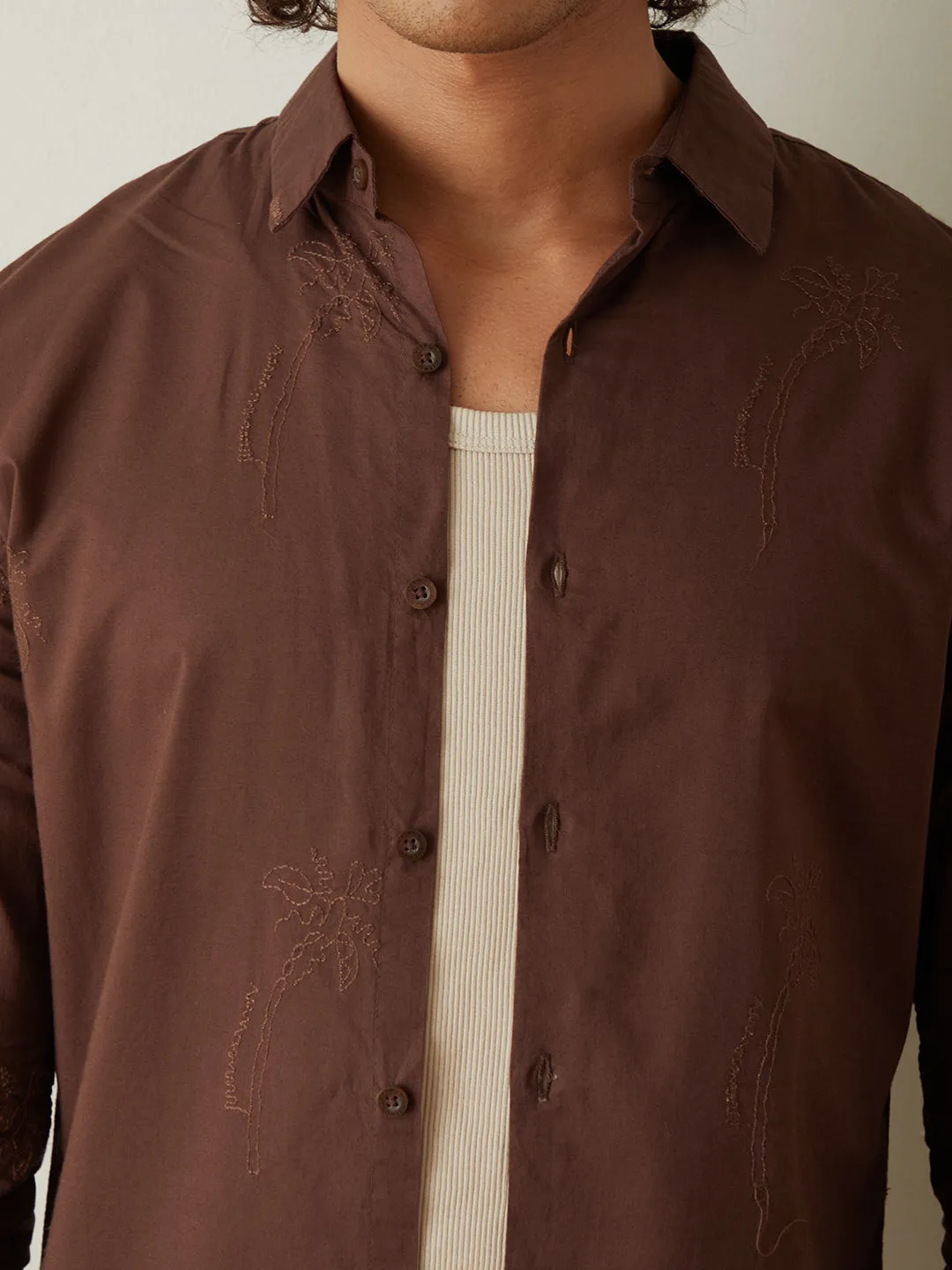 Coffee Embroidered Plain Casual Shirt