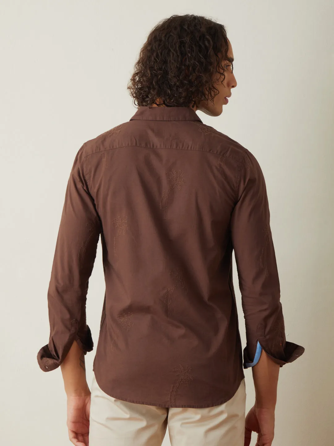 Coffee Embroidered Plain Casual Shirt