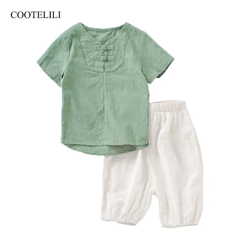 COOTELILI  Cotton Linen Boys Clothes Set Summer Kids Boys Clothing Set  T shirts   Shorts Toddler Boys Summer Clothing Sets