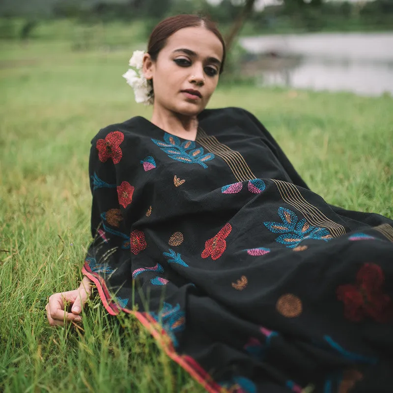 Cotton Kaftan Dress for Women | Black | Kantha Stitch