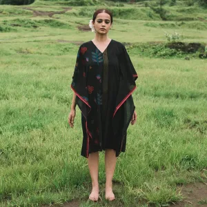 Cotton Kaftan Dress for Women | Black | Kantha Stitch