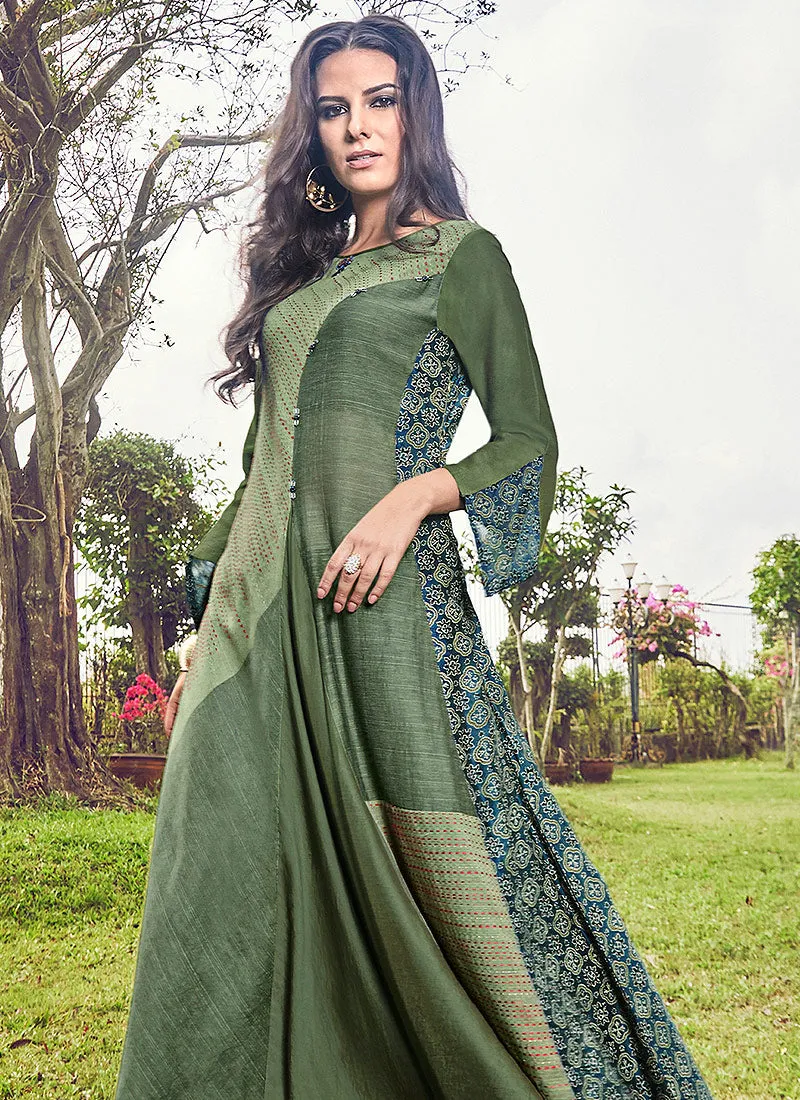 Deep Green Printed And Embroidered Kurti