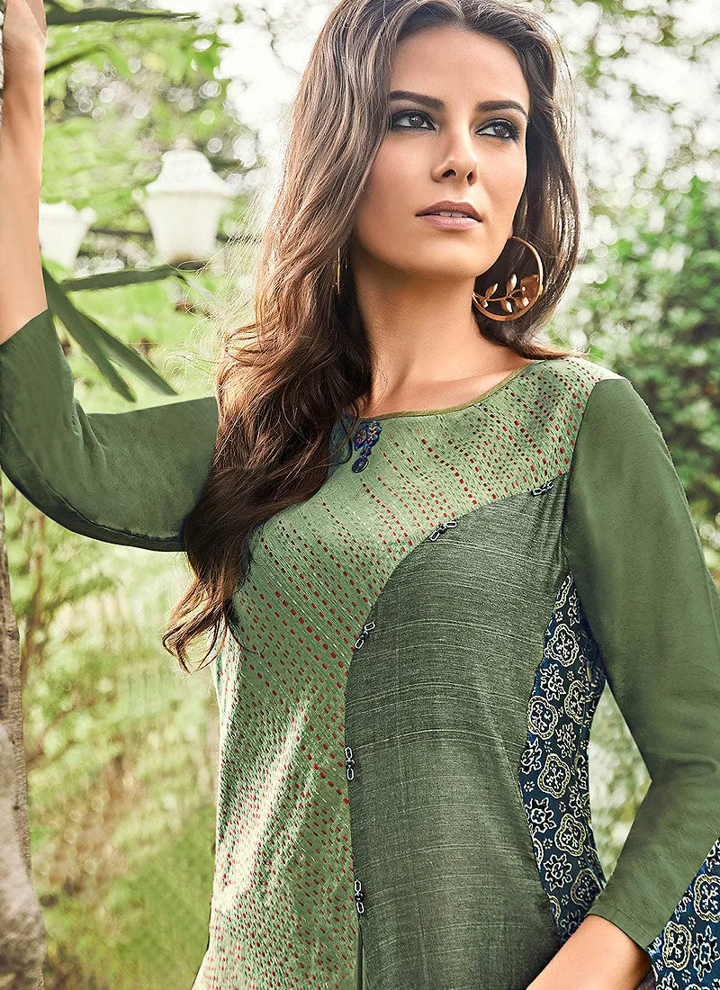 Deep Green Printed And Embroidered Kurti