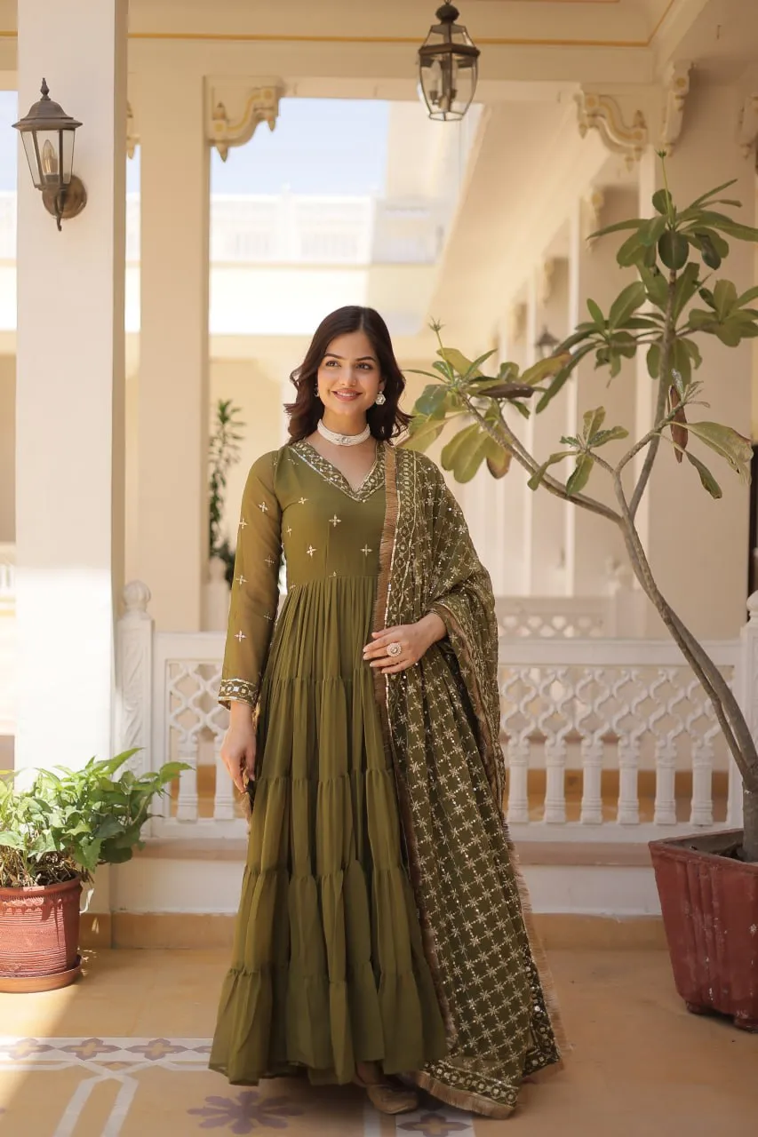 Enthralling Sequin Embroidered Mehendi Color Gown with Designer Dupatta - Festive Wear