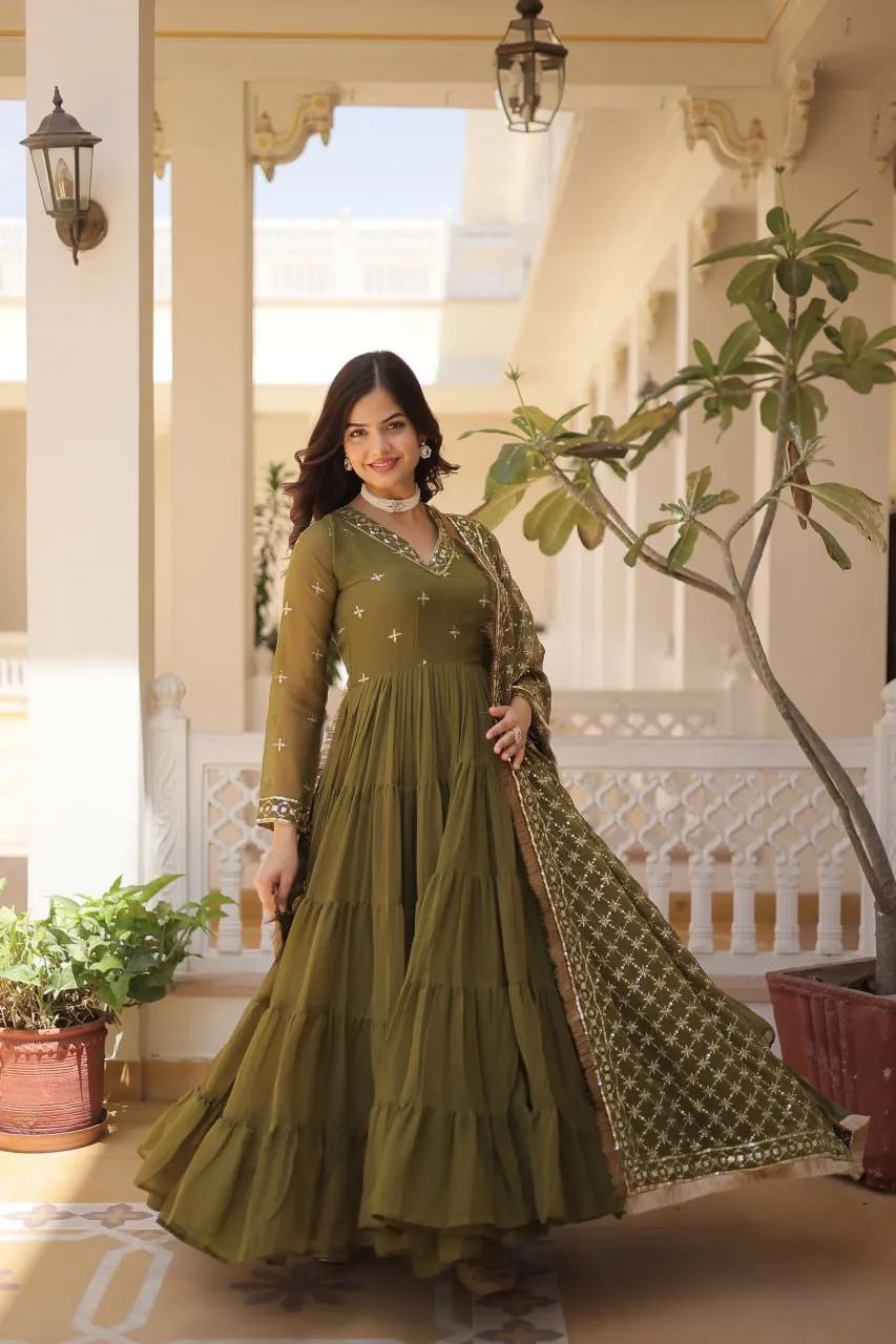 Enthralling Sequin Embroidered Mehendi Color Gown with Designer Dupatta - Festive Wear