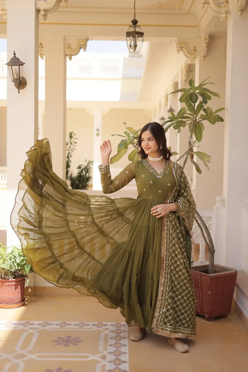 Enthralling Sequin Embroidered Mehendi Color Gown with Designer Dupatta - Festive Wear