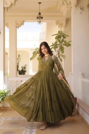 Enthralling Sequin Embroidered Mehendi Color Gown with Designer Dupatta - Festive Wear