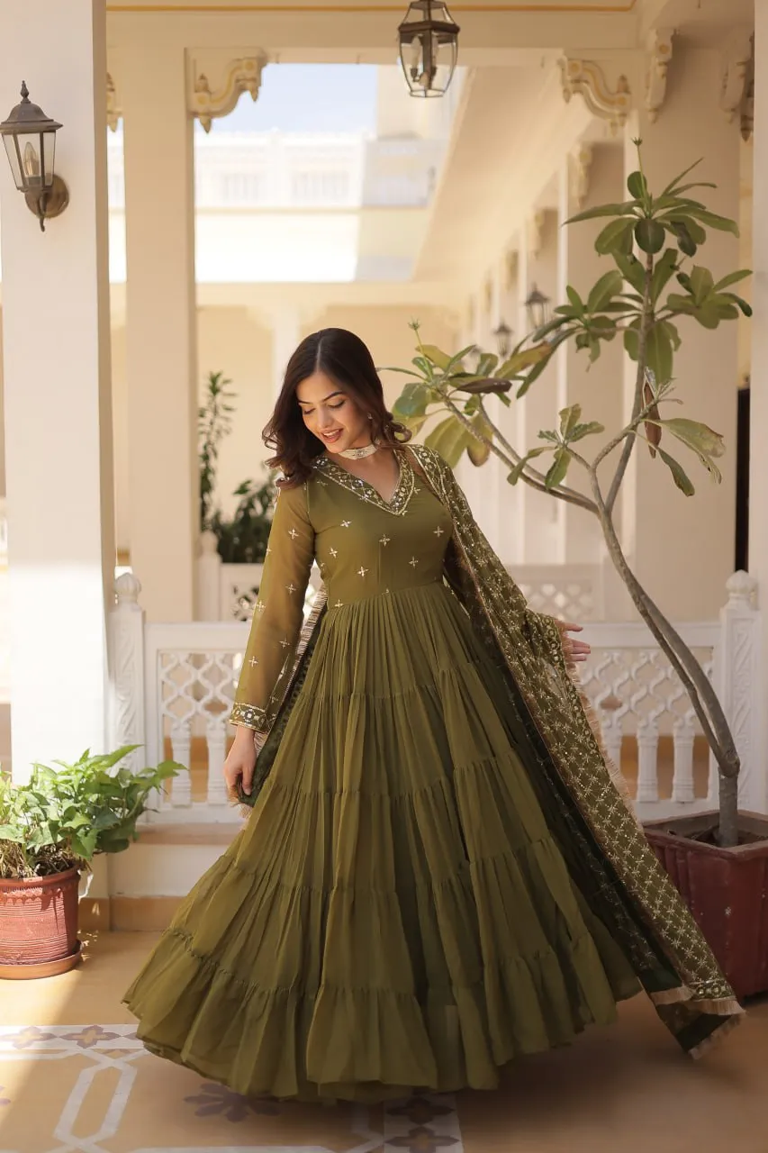 Enthralling Sequin Embroidered Mehendi Color Gown with Designer Dupatta - Festive Wear