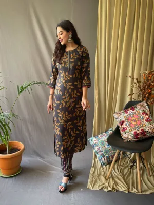 Ethnic Floral Printed Black Kurti in Cotton with Pant