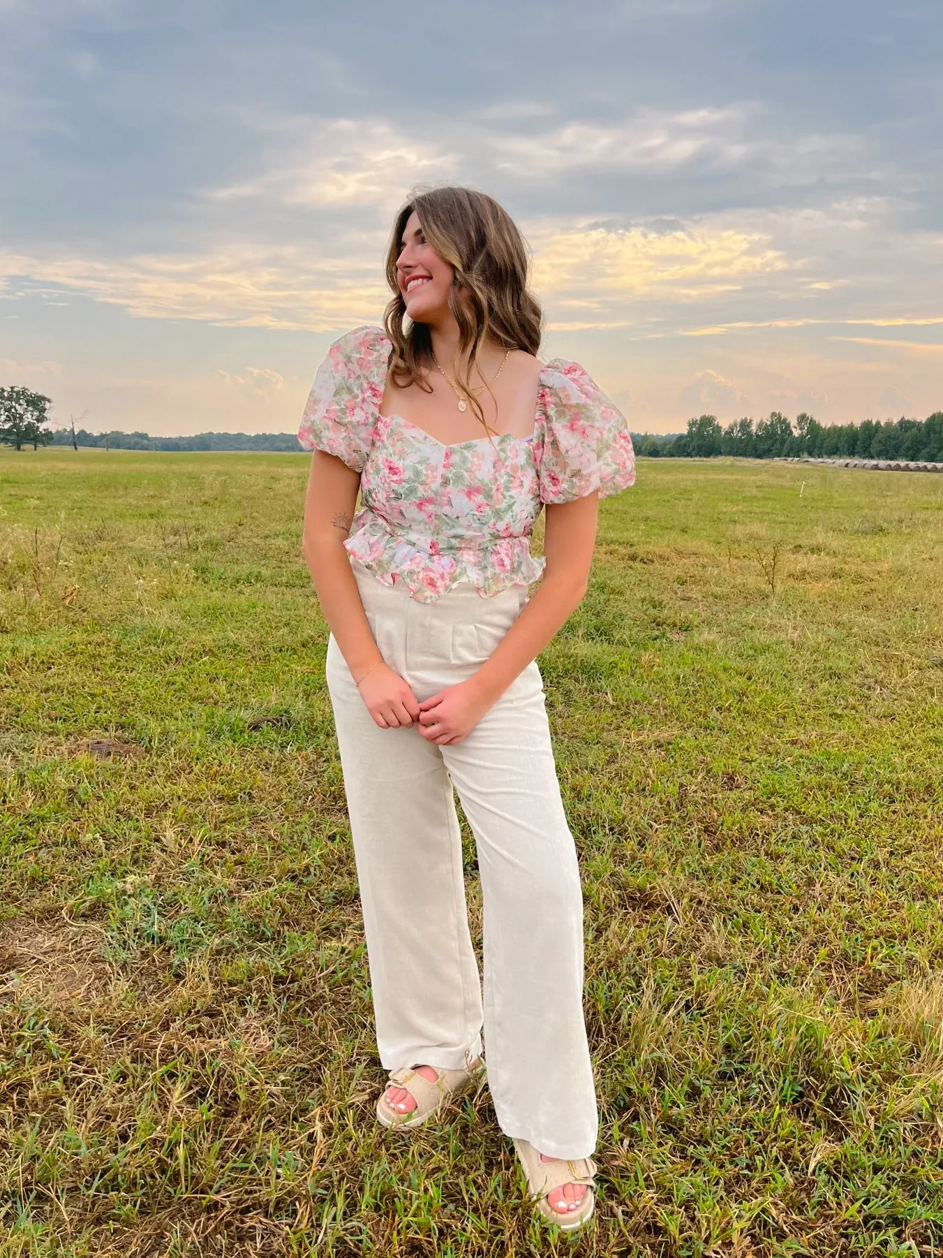 Floral Puff Sleeve Chiffon Corset Top | Feminine and Elegant Blouse