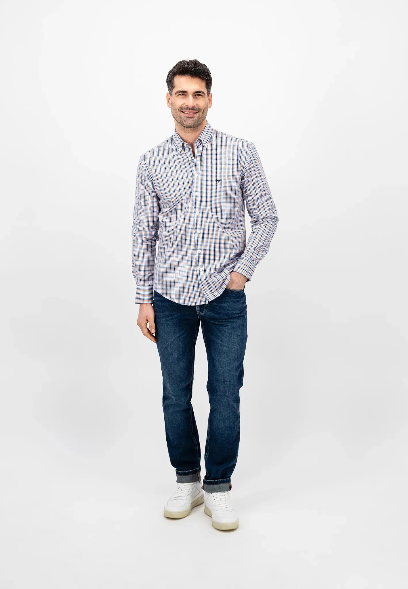 FYNCH HATTON Pure Cotton Shirt - Men's – Blue / Papaya Check