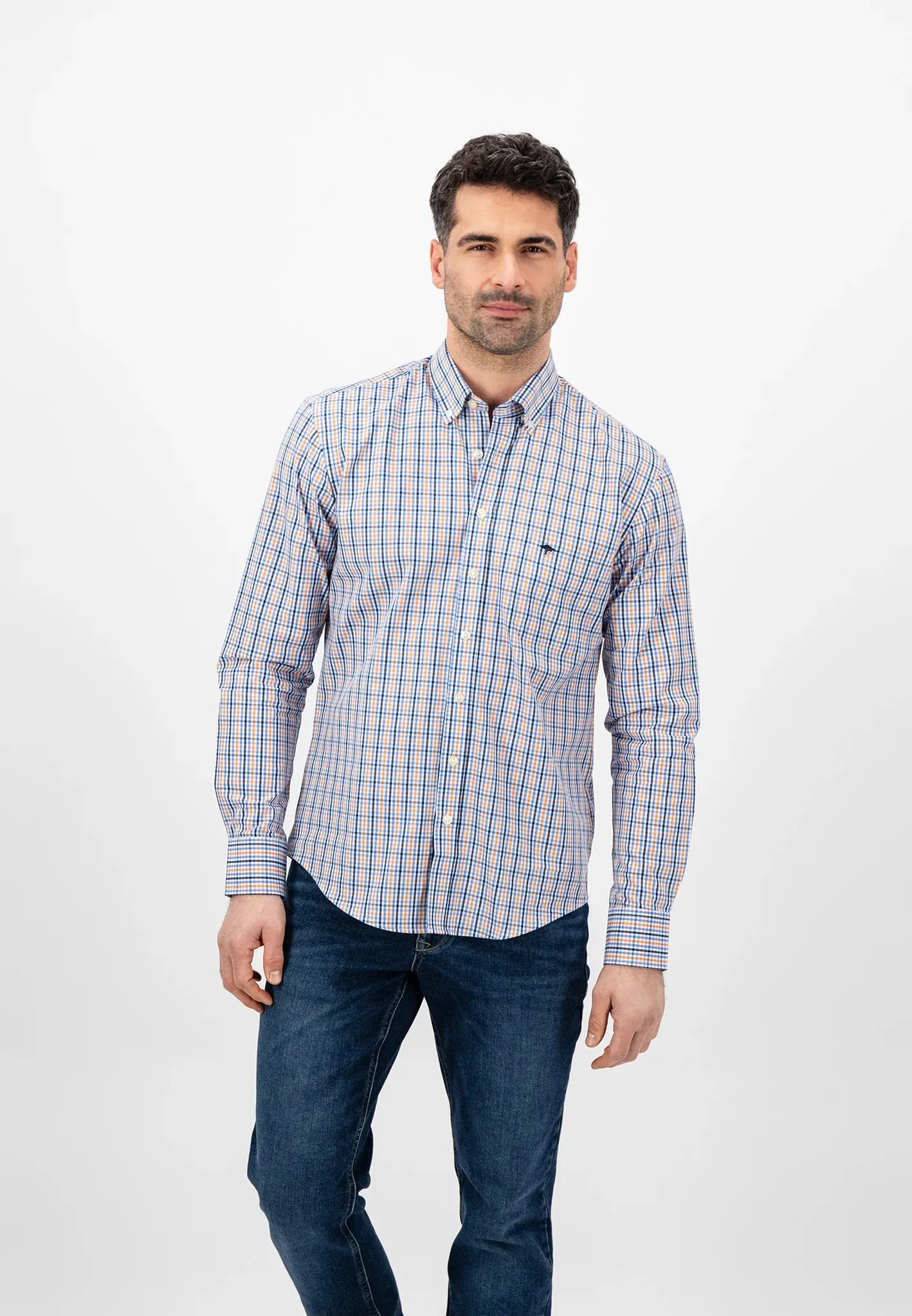 FYNCH HATTON Pure Cotton Shirt - Men's – Blue / Papaya Check